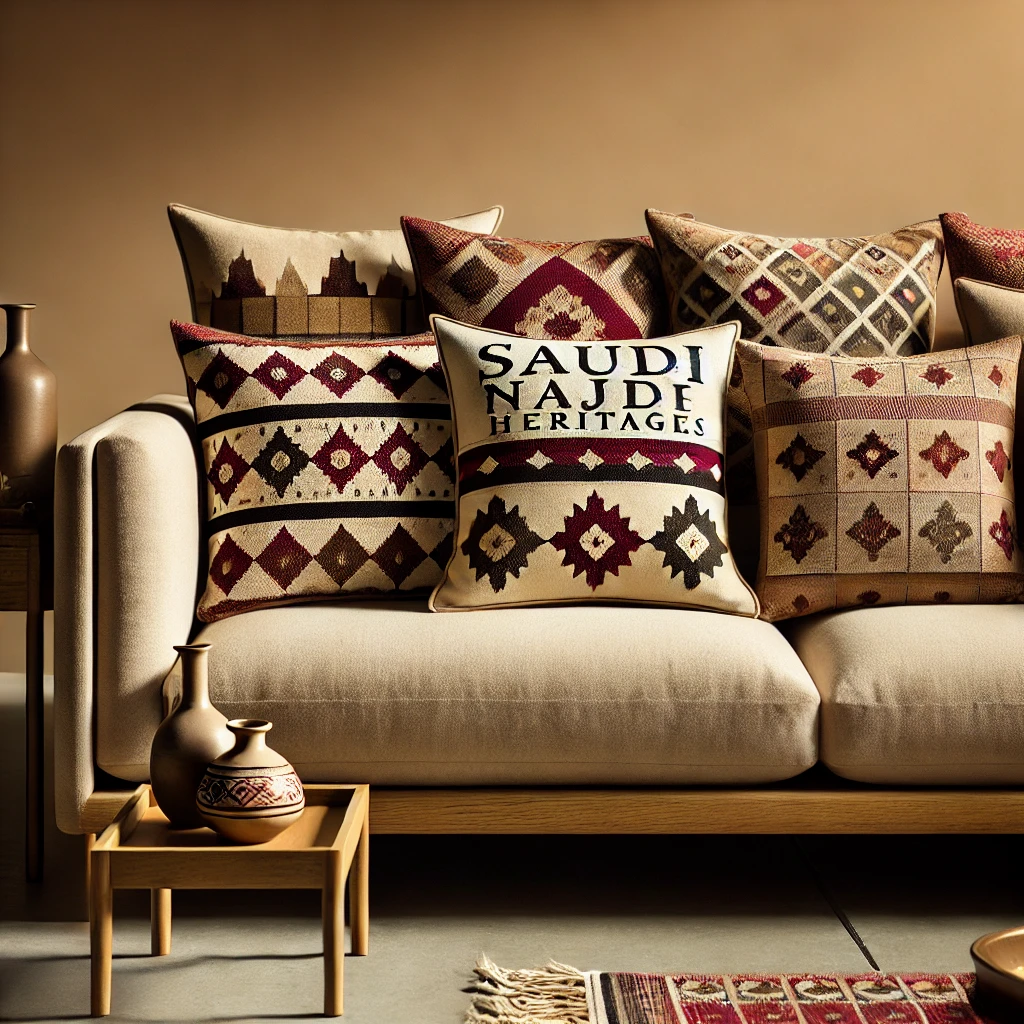 DALL·E 2025-03-10 19.16.07 - A modern beige sofa adorned with Najdi heritage cushions. The cushions feature traditional Saudi Najdi geometric patterns in rich colors such as maroo